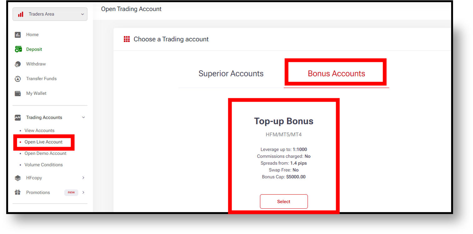 HFMarkets Open Bonus Account