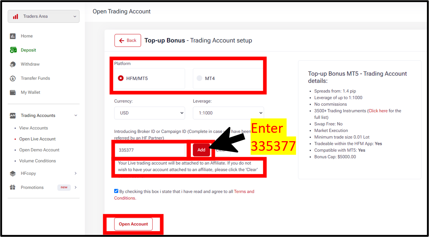 HFMarkets Open Account Ditail