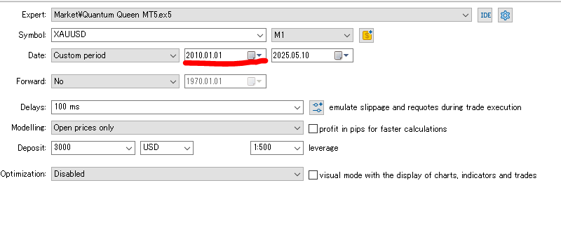 Quantum Queen EA MT5 backtest setting screen