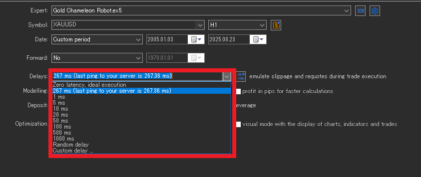 MT5 Backtest Slippage & Delay Settings Screen