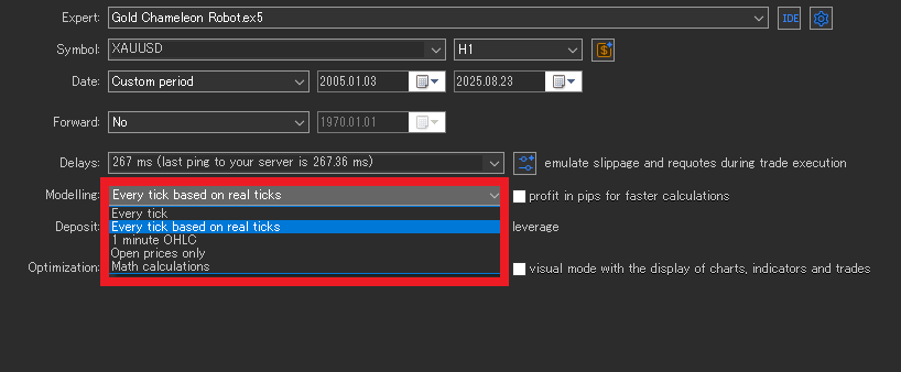 MT5 backtest modeling settings screen