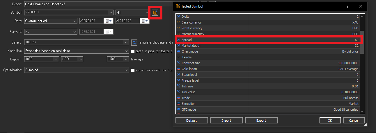 MT5 backtest spread setting screen