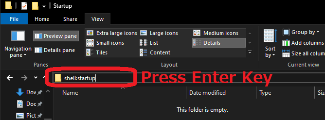 Ввод 'shell:startup' в адресную строку проводника папок