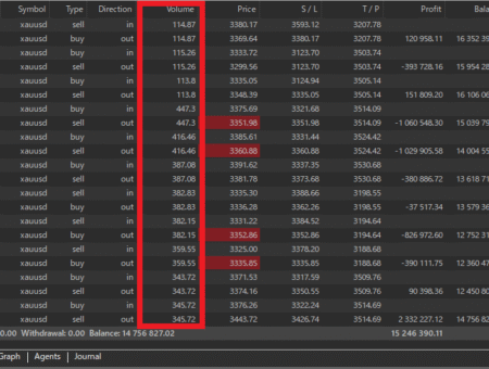 Gold Alpaca Robot Backtest Trading History Lot Size Increases and Decrease as of the end of testing in August 2025