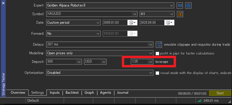 MT5 Strategy Tester Leverage Setting Screen