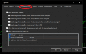 MT5 Tools → Options → Experts screen - Automatic trading, DLL permission, Web request permission screen