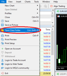 MT5 [File] → [Open Data Folder] screen