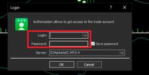 MT5 login screen - Enter your account number and password