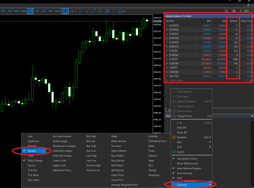 MT5 terminal real-time spread screen Market Watch window.