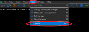 MT5 Top menu Tools → Options screen