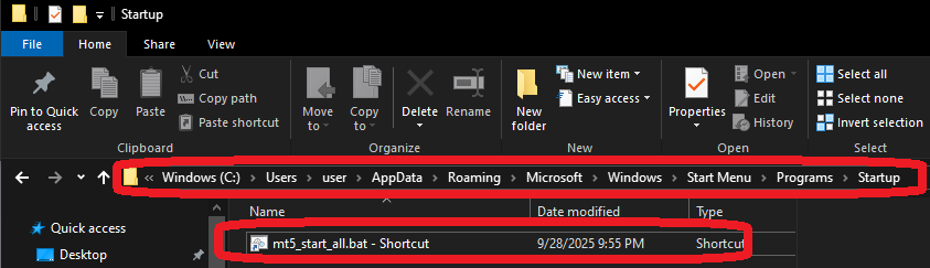 Размещение bat-файла в папке Автозагрузки Windows