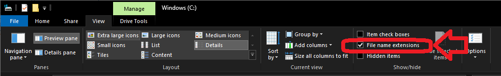 Настройки отображения Windows: Показать 'Расширения имен файлов' во вкладке Вид