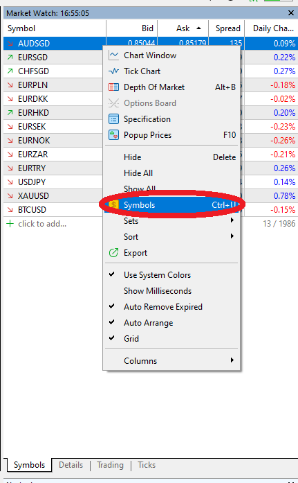 MT5 Market Watch window and right-click menu