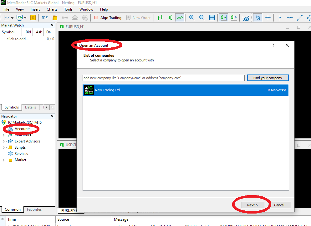 MT5 Open Account Screen - Broker Selection