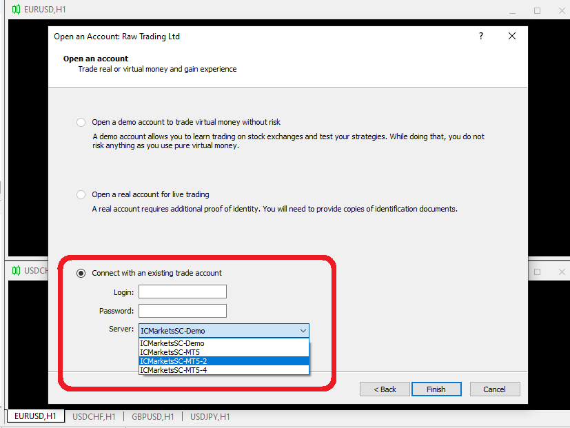 MT5 Open Account Screen - Enter Login Information (Account Number, Password, Server)