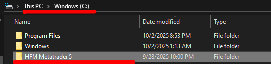 MT5 folder placed directly under C drive