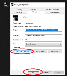 Right-click MT5 shortcut → Shortcut tab → Open file location