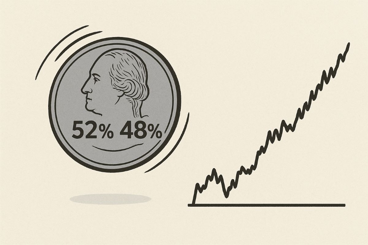 表と裏が52対48の確率で出るコイントスと右肩上がりのグラフのイメージ