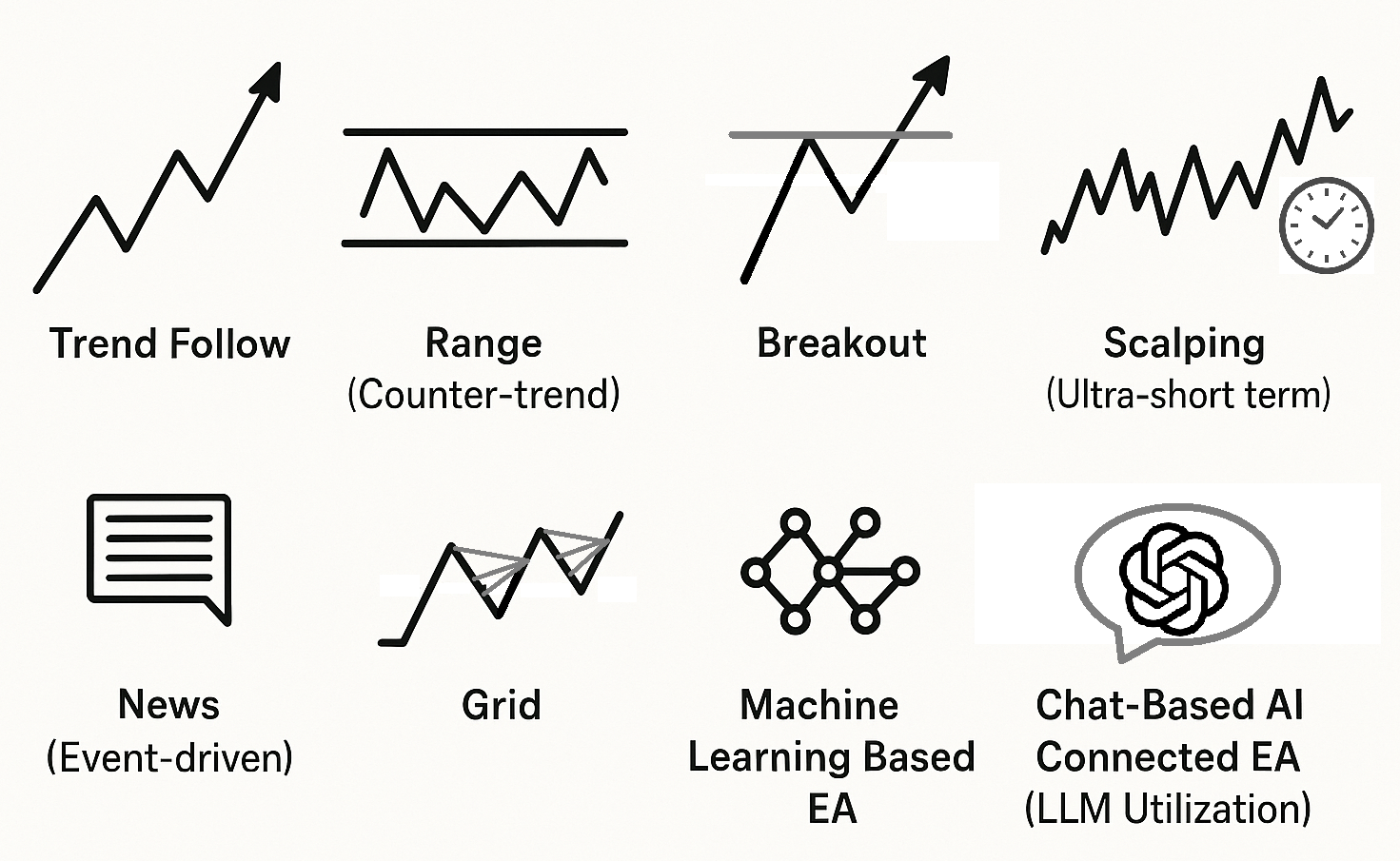 EAの戦略タイプの図解:トレンドフォロー・レンジ(逆張り)・ ブレイクアウト・スキャルピング(超短期)・ニュース(イベントドリブン)・グリッド(ナンピン/マーチン系含む)・機械学習型チャット型AI接続型(LLM利用)