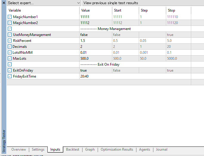 MT5パラメータ設定画面|シグナル計算期間・ロットサイズ・取引条件などの最適化設定