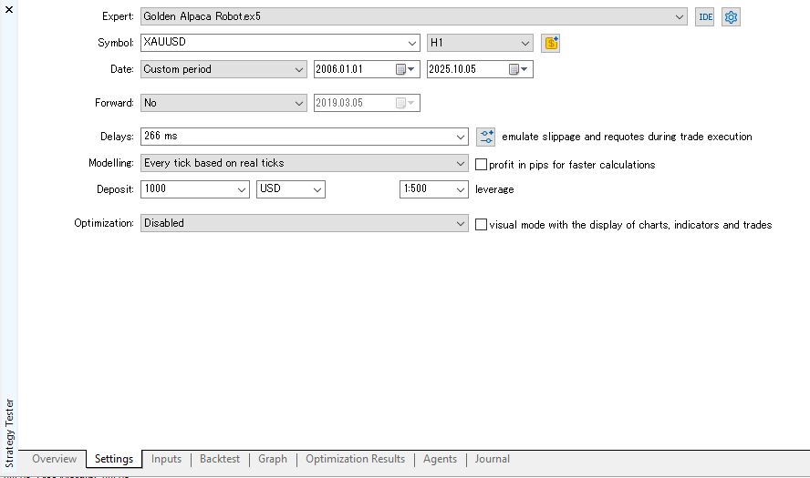 MT5ストラテジーテスター設定画面|EA・テスト期間・スプレッド・シンボル・レバレッジなどの設定が可能