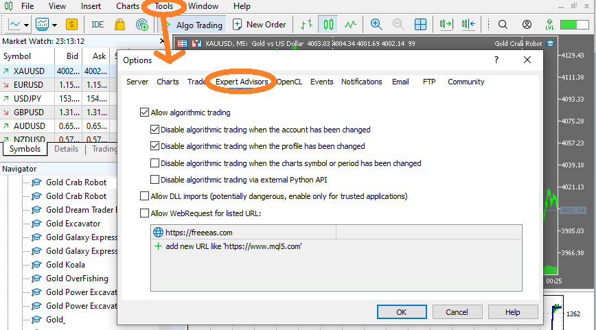 MT5ターミナル画面→ツール→エキスパートアドバイザー設定→自動取引を許可するにチェック